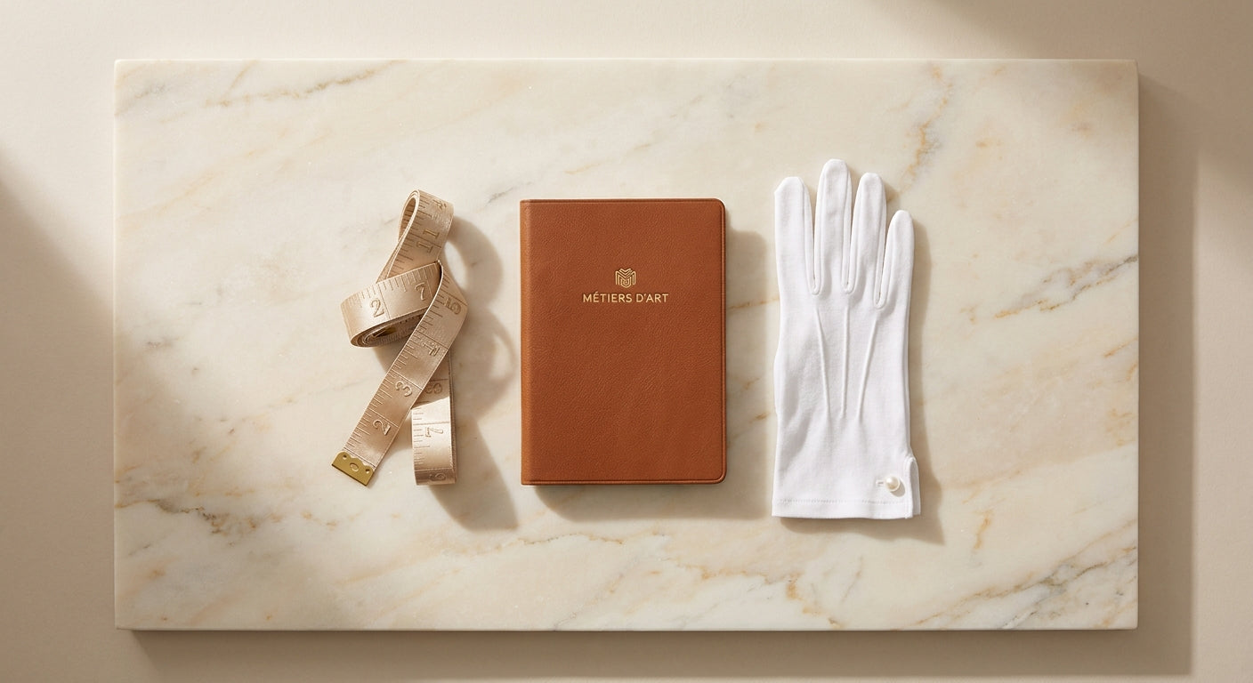 A refined flat lay of a silk measuring tape, leather notebook, and white glove arranged on a marble surface, evoking the precision of luxury fashion sizing.