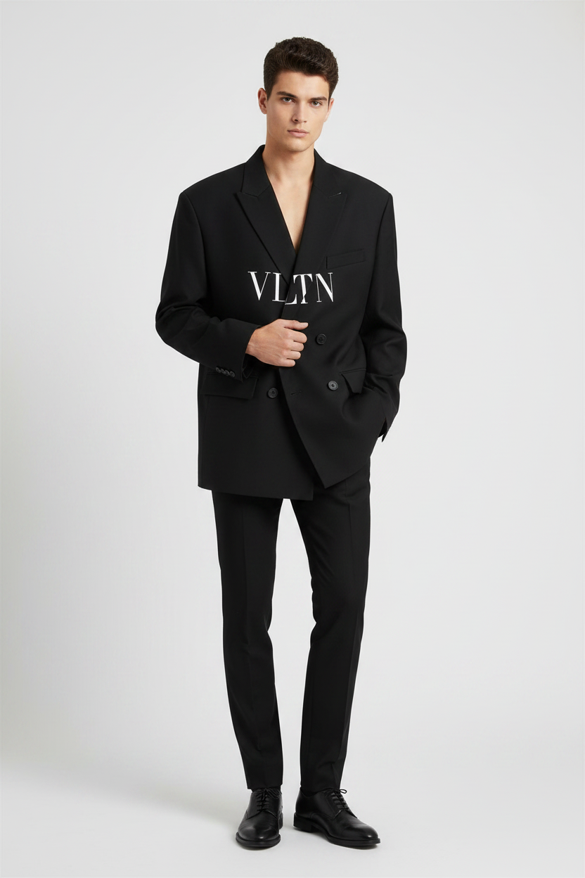 Valentino Garavani VLTN Double-Breasted Blazer in Black Wool & Silk