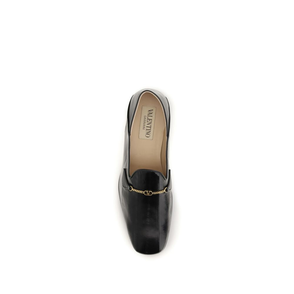 Valentino Garavani Jiggie Black Calfskin Loafers VLogo Chain Collapsible Heel