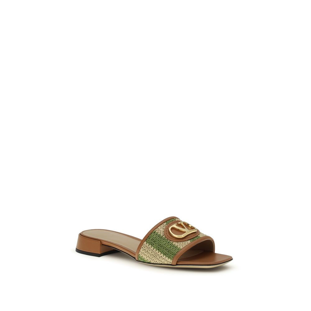 Valentino Garavani VLogo Signature Multicolor Striped Raffia Flat Slide Sandals