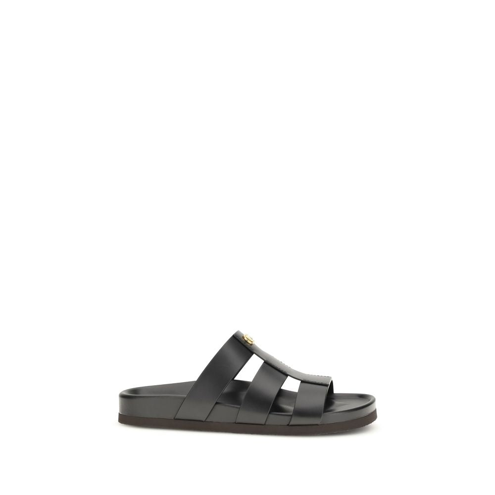 Valentino Garavani Studshield Black Calfskin Cage Slide Sandals VLogo
