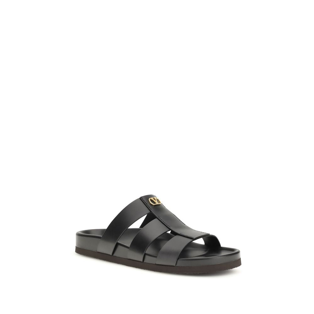 Valentino Garavani Studshield Black Calfskin Cage Slide Sandals VLogo