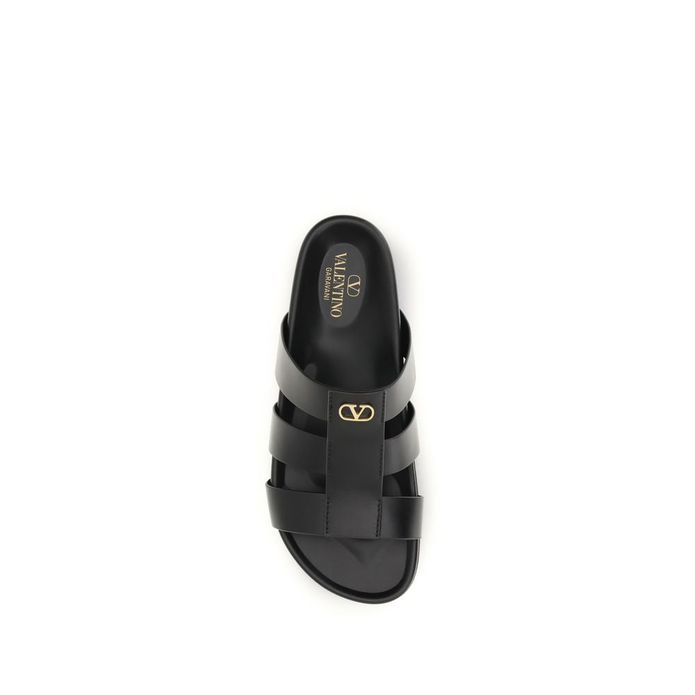 Valentino Garavani Studshield Black Calfskin Cage Slide Sandals VLogo