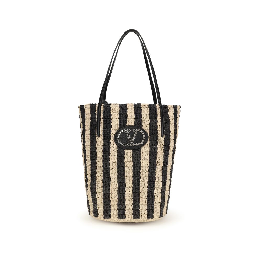 Valentino Garavani Black Striped Raffia Bucket Bag VLogo