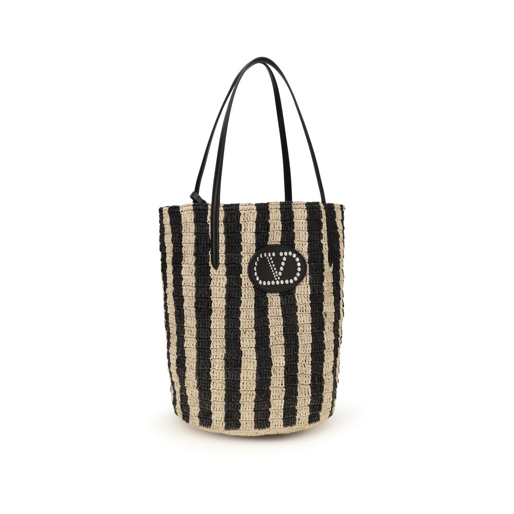 Valentino Garavani Black Striped Raffia Bucket Bag VLogo