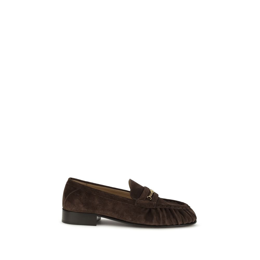 Valentino Garavani Brown Calfskin Block Heel Loafers VLogo Gold Chain