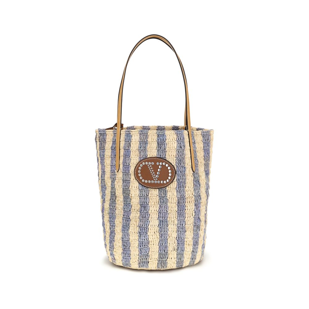 Valentino Garavani Blue Striped Raffia Bucket Bag VLogo
