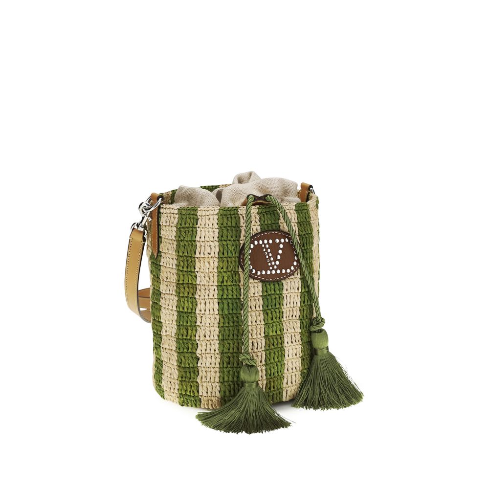 Valentino Garavani Bicolor Striped Raffia Bucket Bag