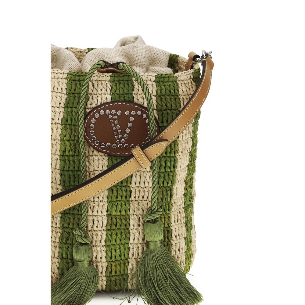 Valentino Garavani Bicolor Striped Raffia Bucket Bag