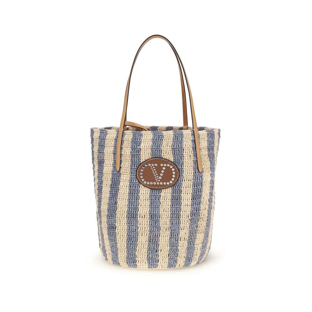 Valentino Garavani Multicolor Striped Raffia Bucket Bag VLogo