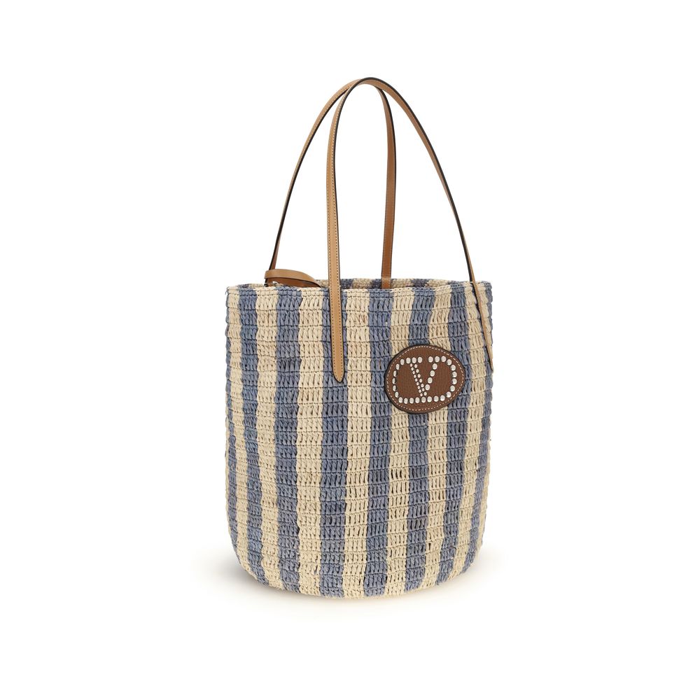 Valentino Garavani Multicolor Striped Raffia Bucket Bag VLogo