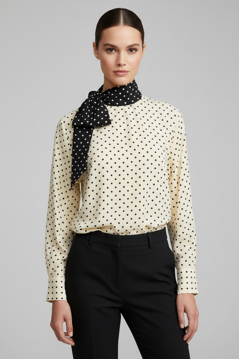 Valentino Garavani Beige Silk Polka Dot Blouse with Side Bow