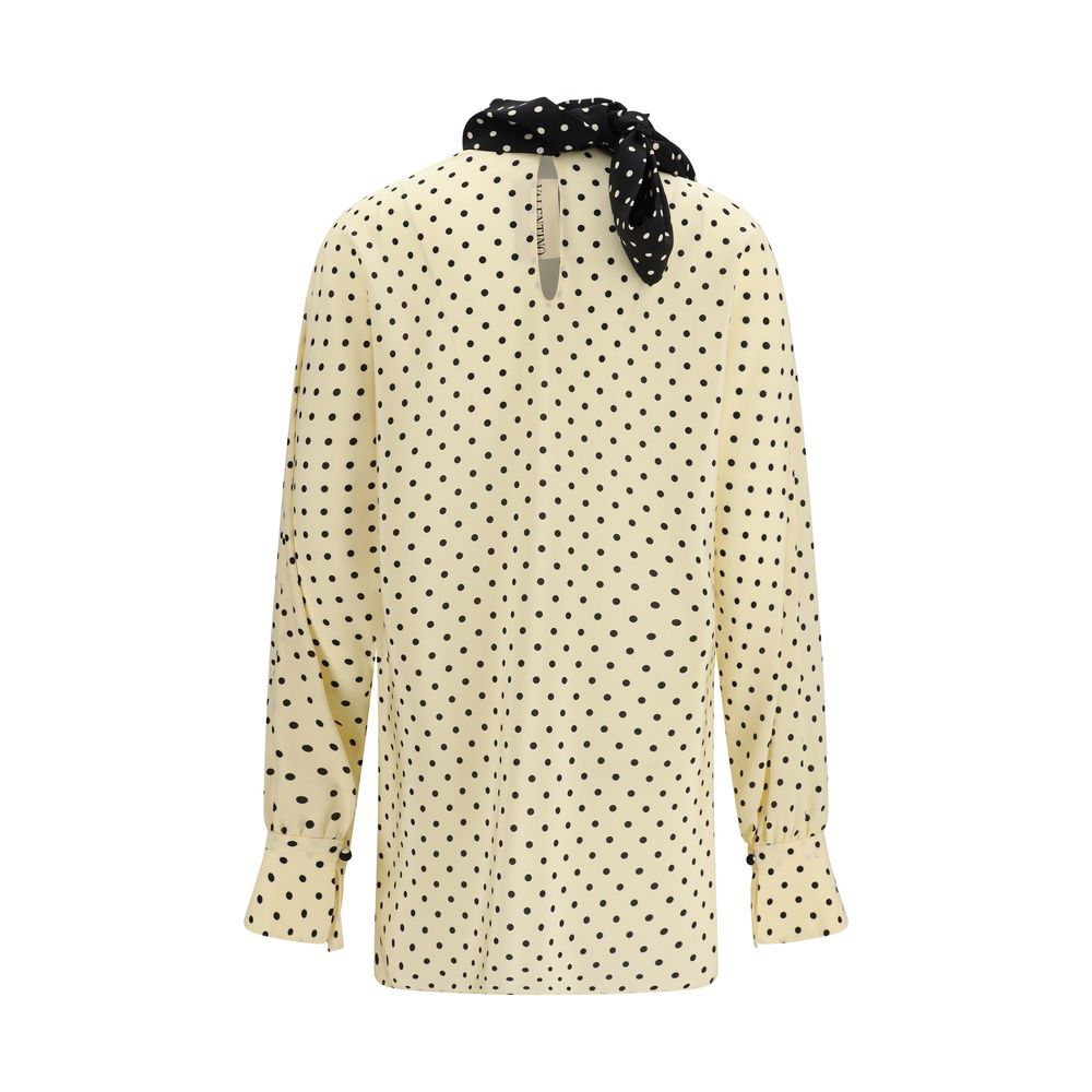 Valentino Garavani Beige Silk Polka Dot Blouse with Side Bow