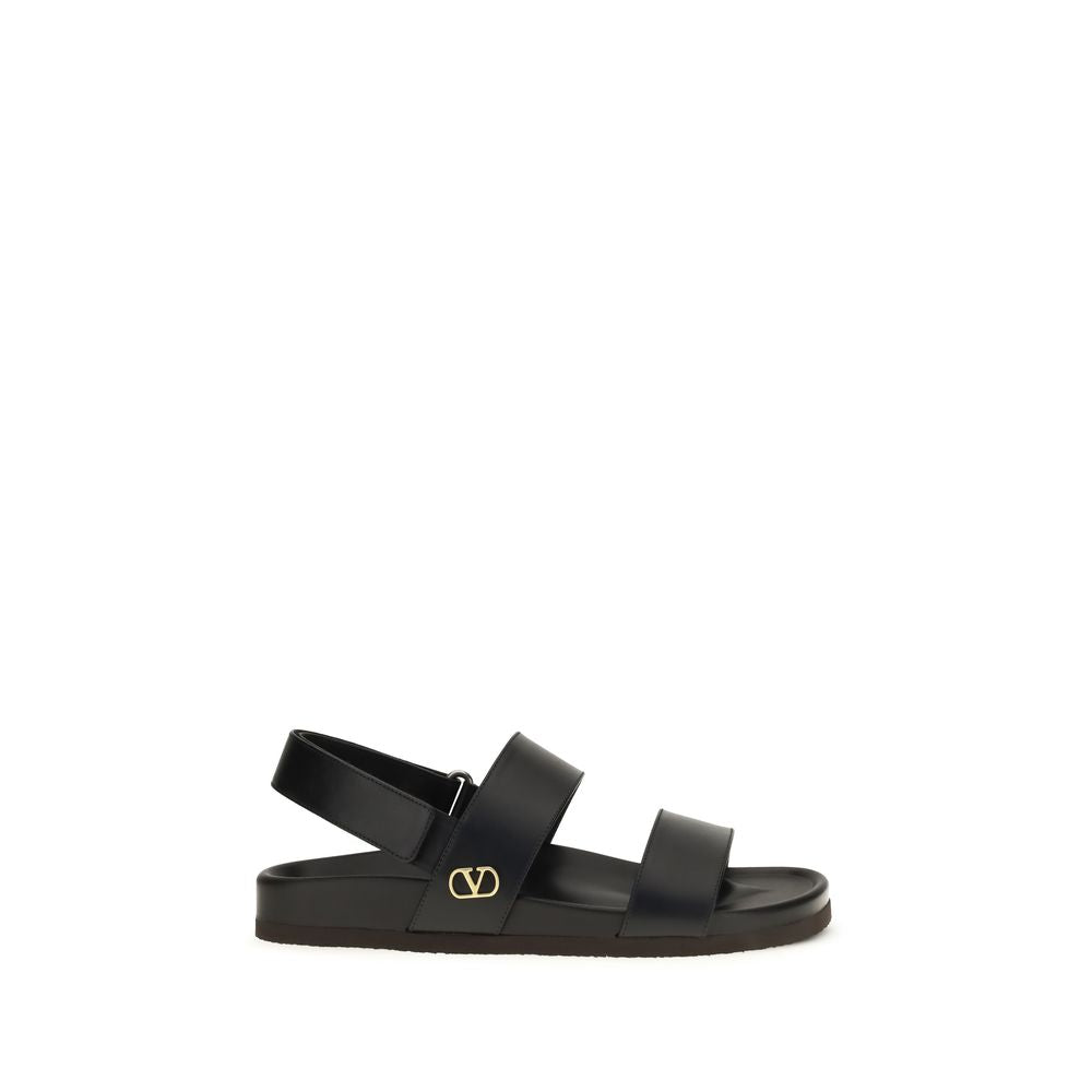 Valentino Garavani Studshield Black Calfskin Flat Sandals VLogo
