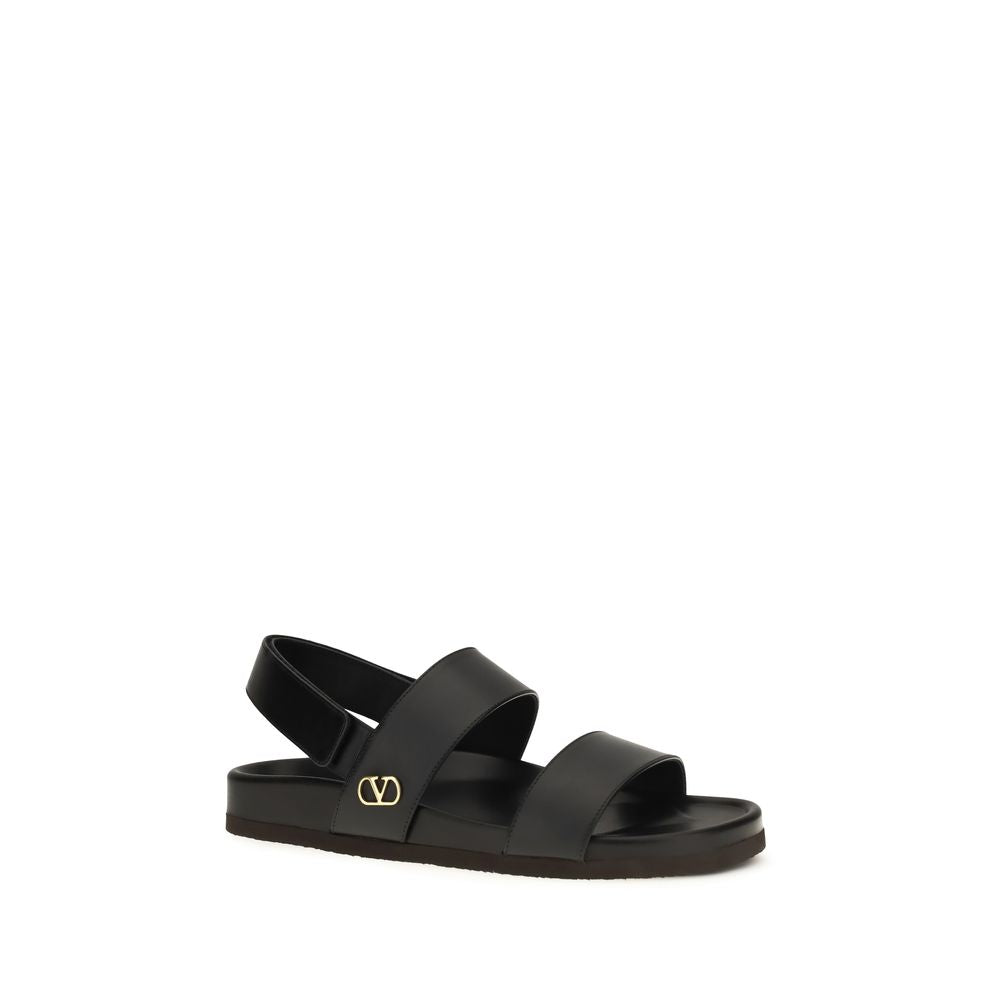 Valentino Garavani Studshield Black Calfskin Flat Sandals VLogo