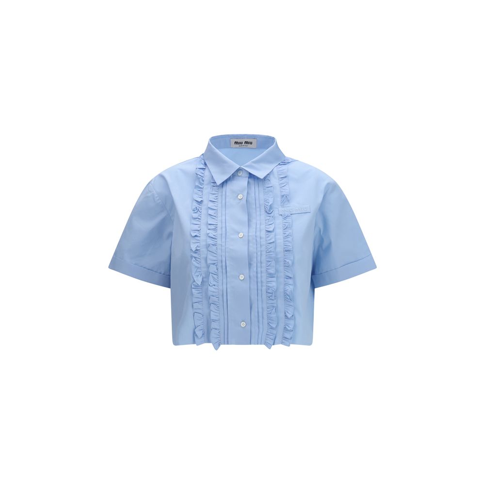 Miu Miu Blue Cotton Poplin Cropped Shirt Ruffle Detail Embroidered Application Raw-Cut Hem AW26 Women