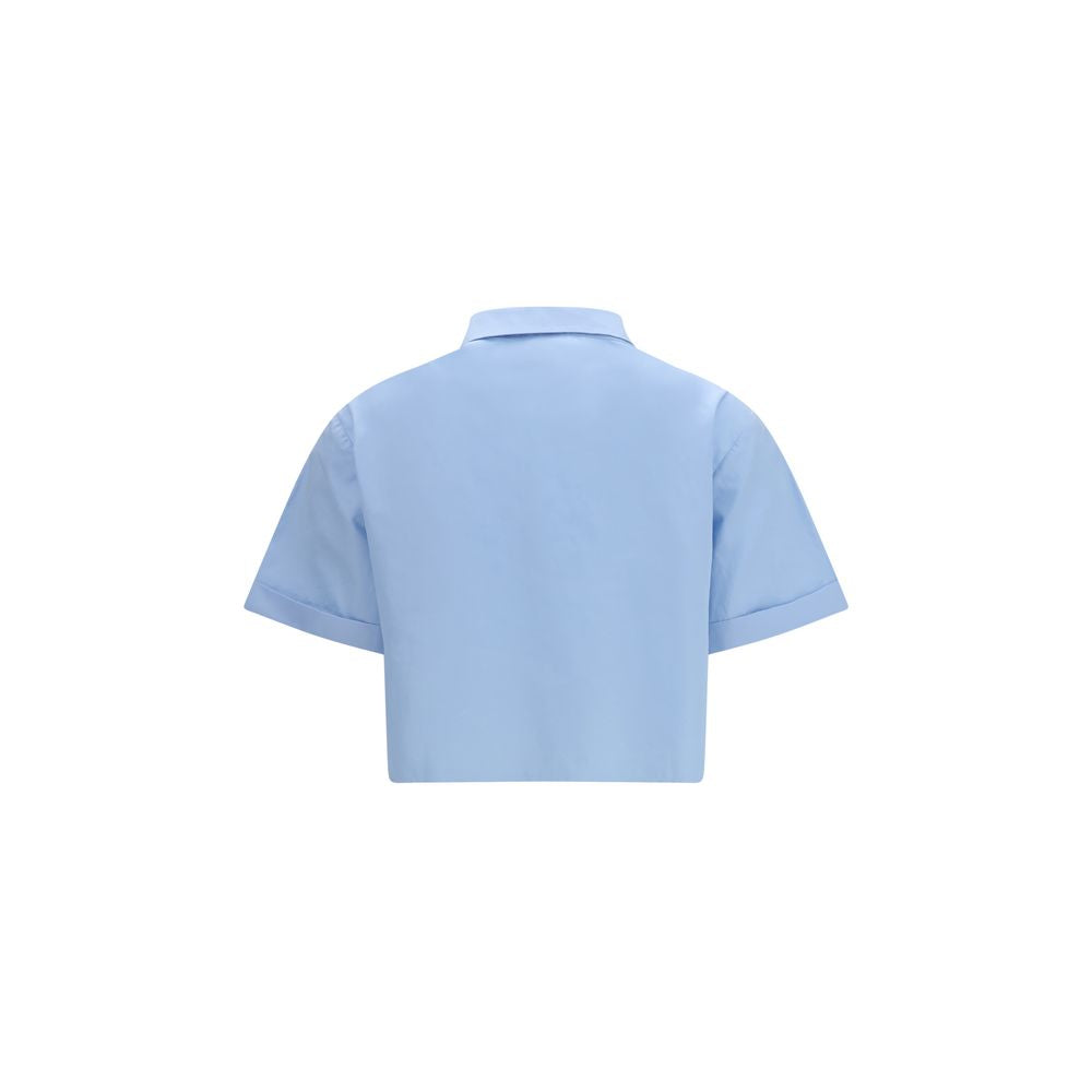 Miu Miu Blue Cotton Poplin Cropped Shirt Ruffle Detail Embroidered Application Raw-Cut Hem AW26 Women
