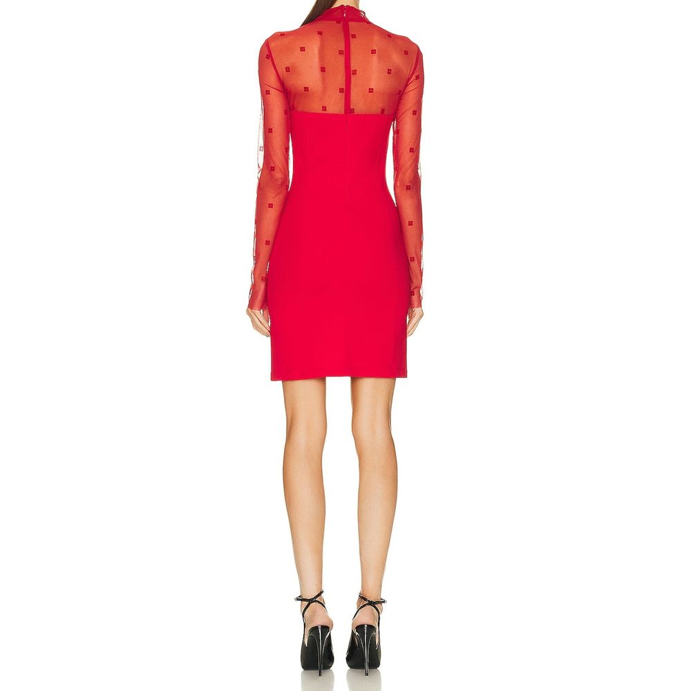 Givenchy Red Viscose Mini Dress 4G Logo Mesh Sleeves Turtleneck