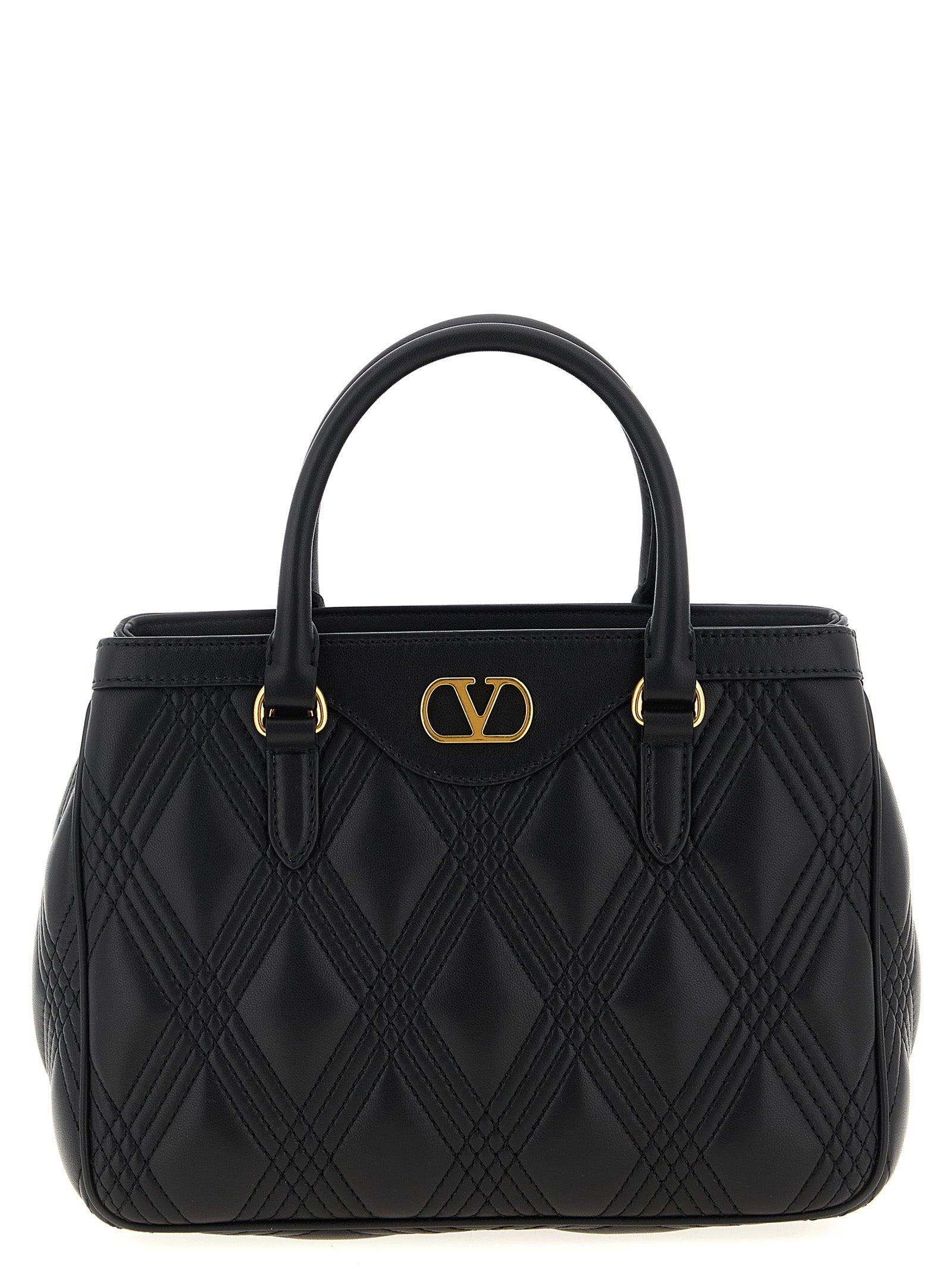 Valentino Garavani Quiltie 67 Black Quilted Nappa Leather Handbag Diamond Weave VLogo Antiqued Effect Women
