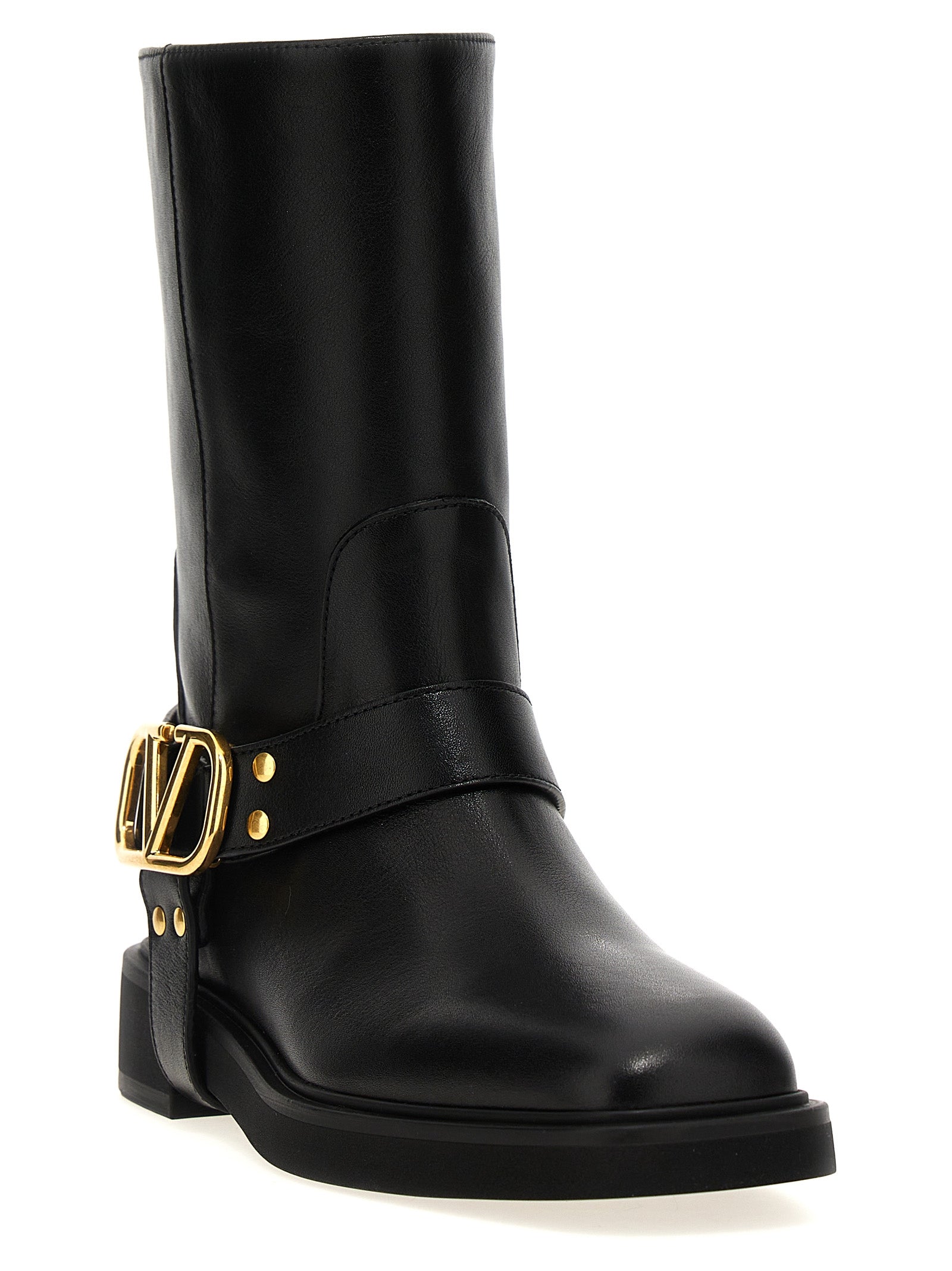 Valentino Garavani Black Calfskin Ankle Boots VLogo Gold