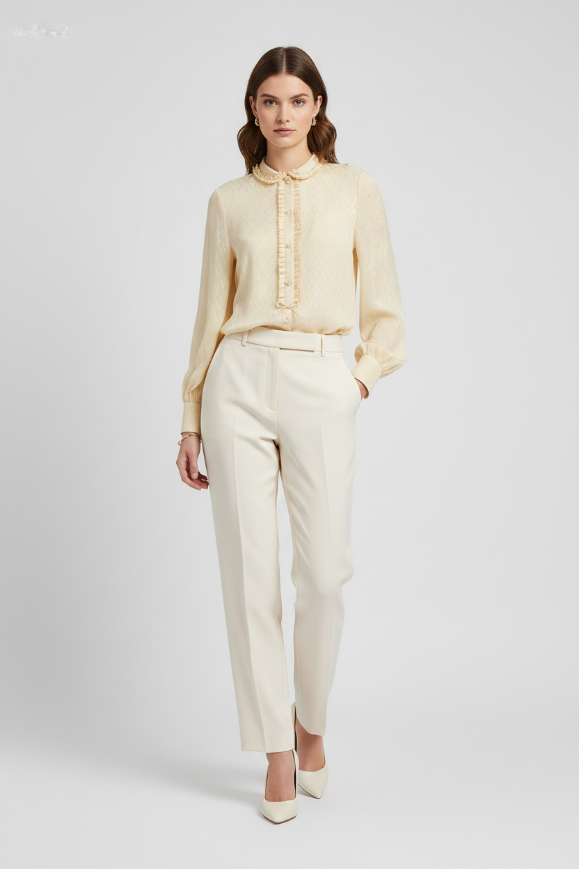 Valentino Garavani Toute la V Beige Silk Jacquard Ruffle Blouse