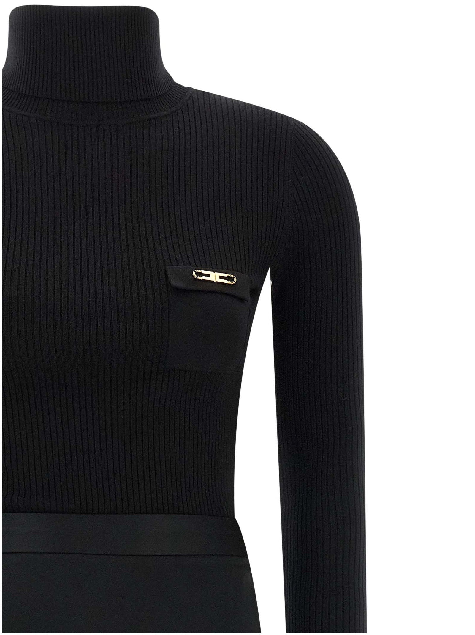 Elisabetta Franchi Black Turtleneck Midi Dress with Satin Skirt
