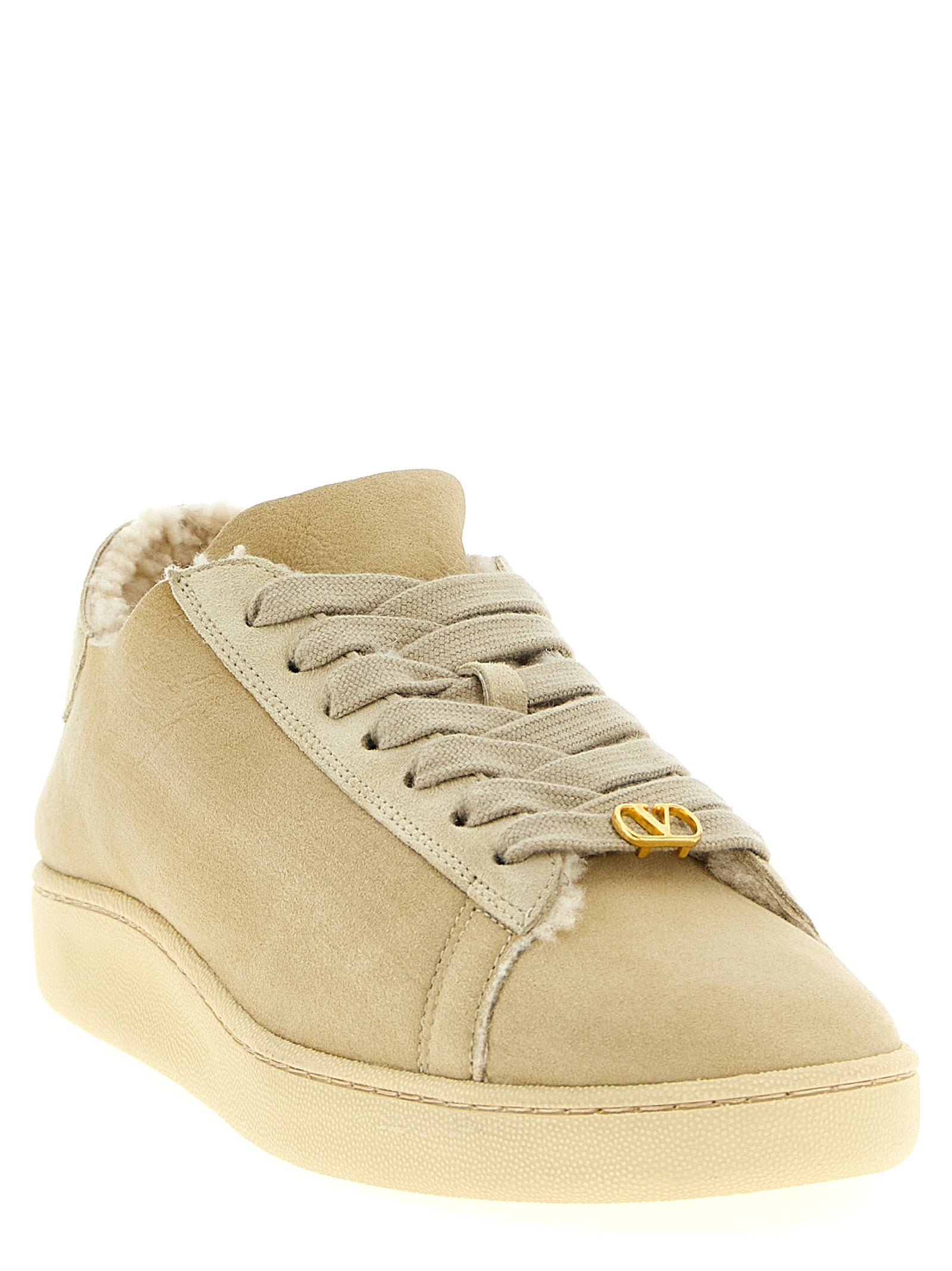 Valentino Garavani Royco Beige Goatskin Shearling Low Top Sneakers