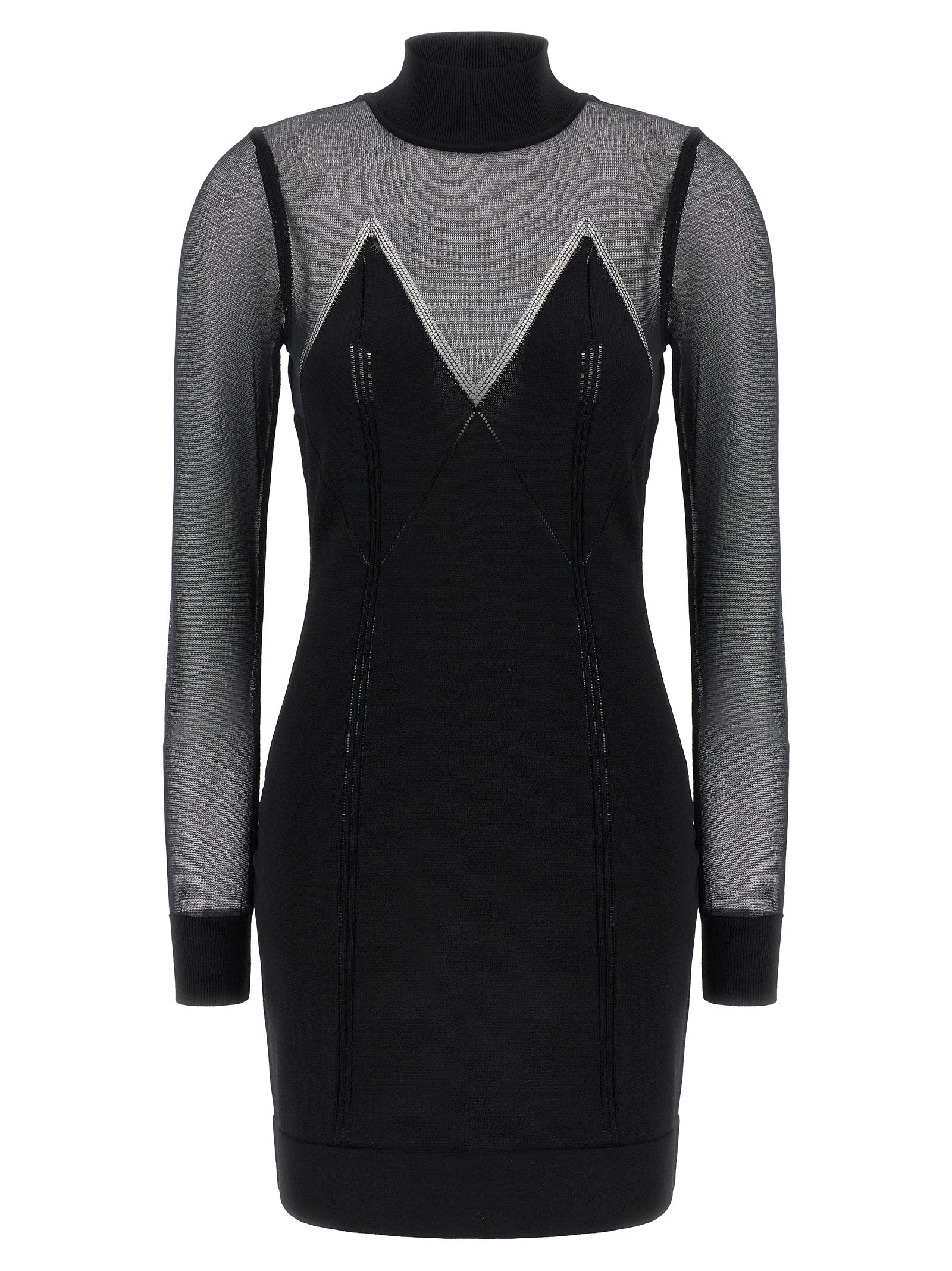 Elisabetta Franchi Semi-Sheer Turtleneck Mini Dress with Crystal Zigzag Detail in Black