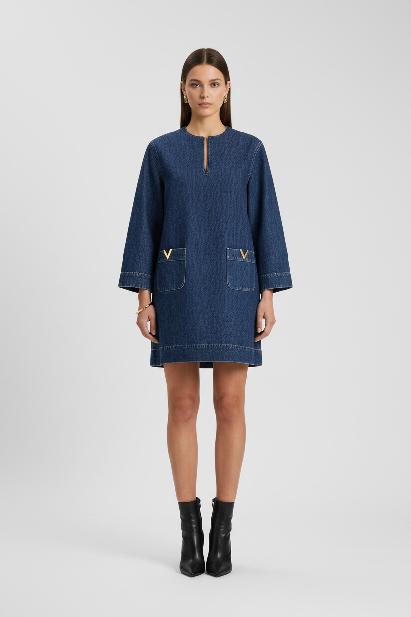 Valentino Garavani VGold Denim Mini Dress in Medium Blue