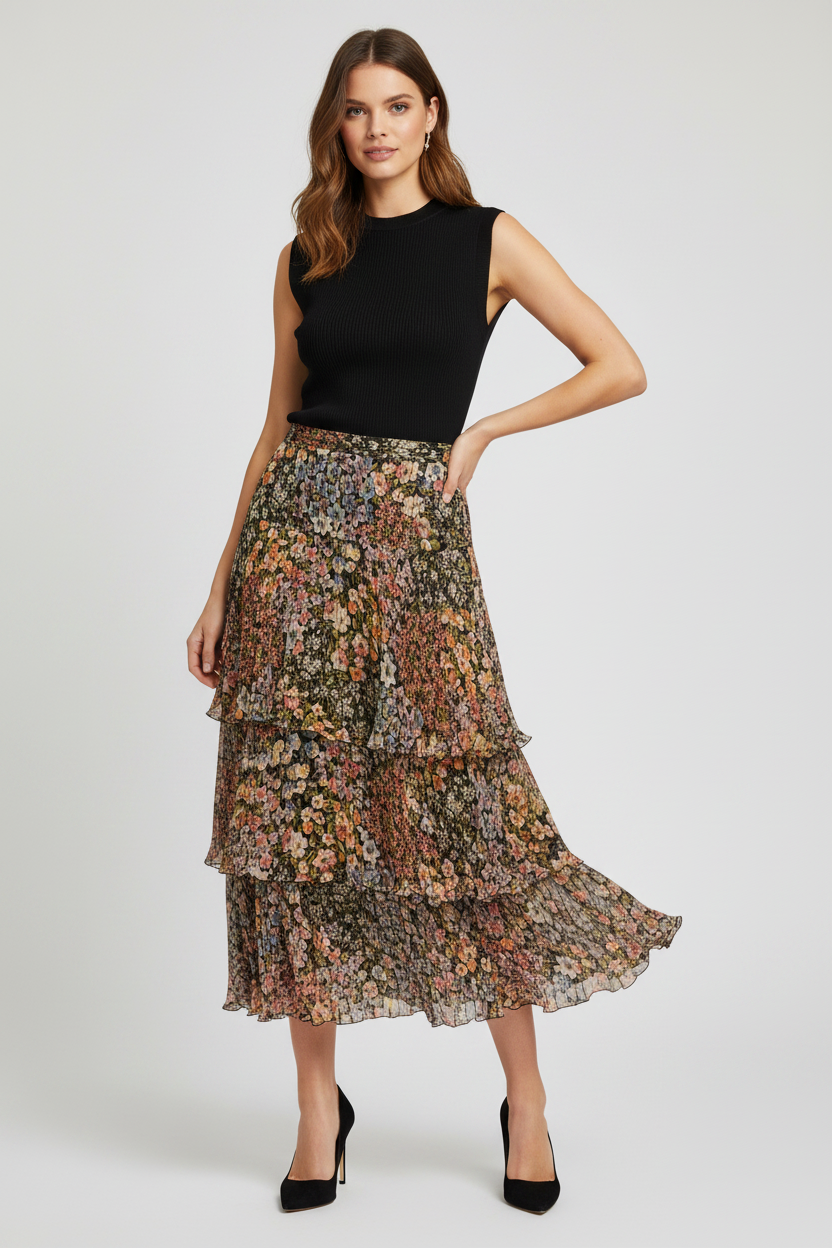 Valentino Garavani Après l'Hiver Fiorellini Silk Lamé Midi Skirt