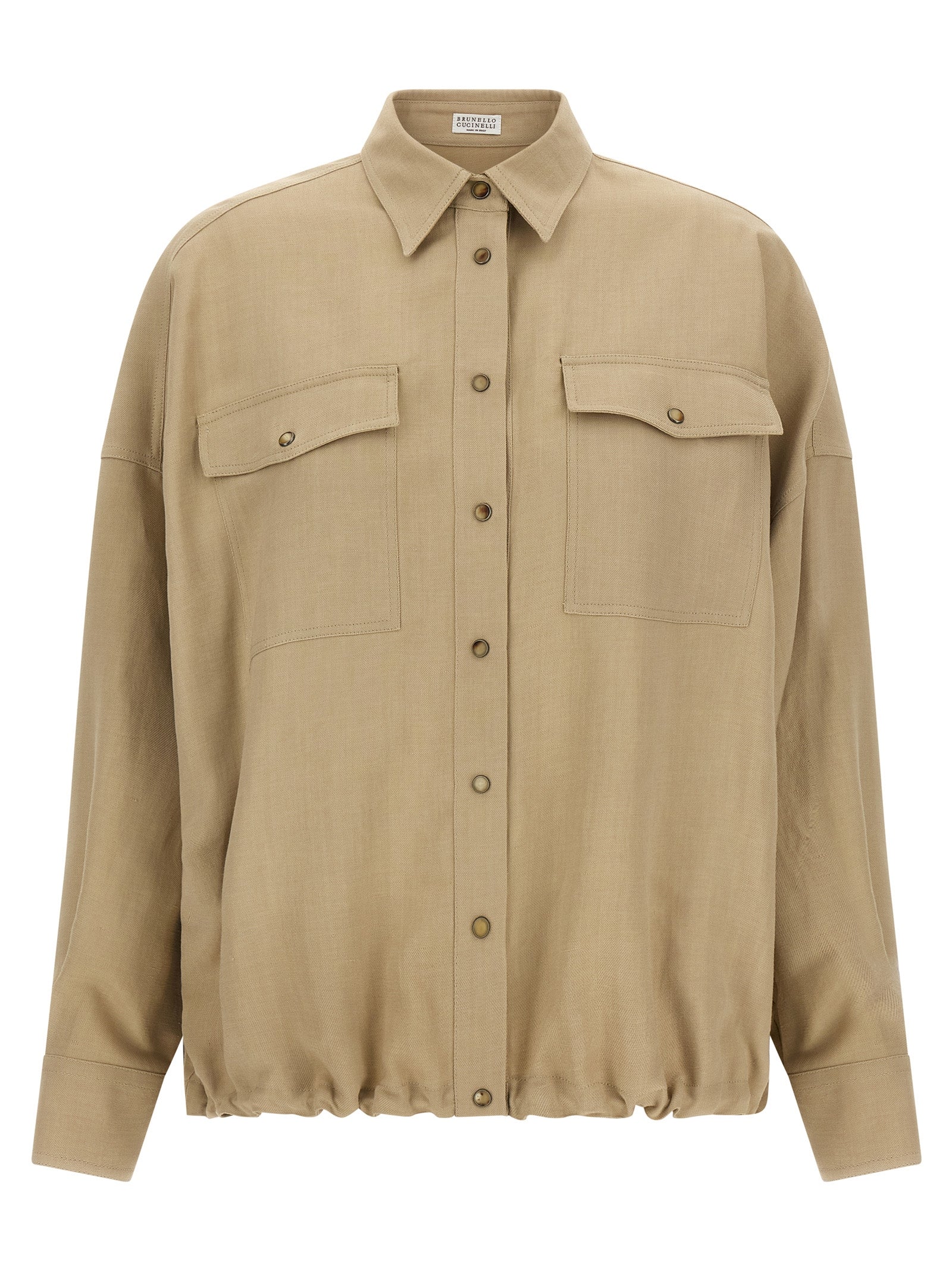 Brunello Cucinelli Beige Viscose Linen Fluid Shirt Snap Button Dropped Shoulder