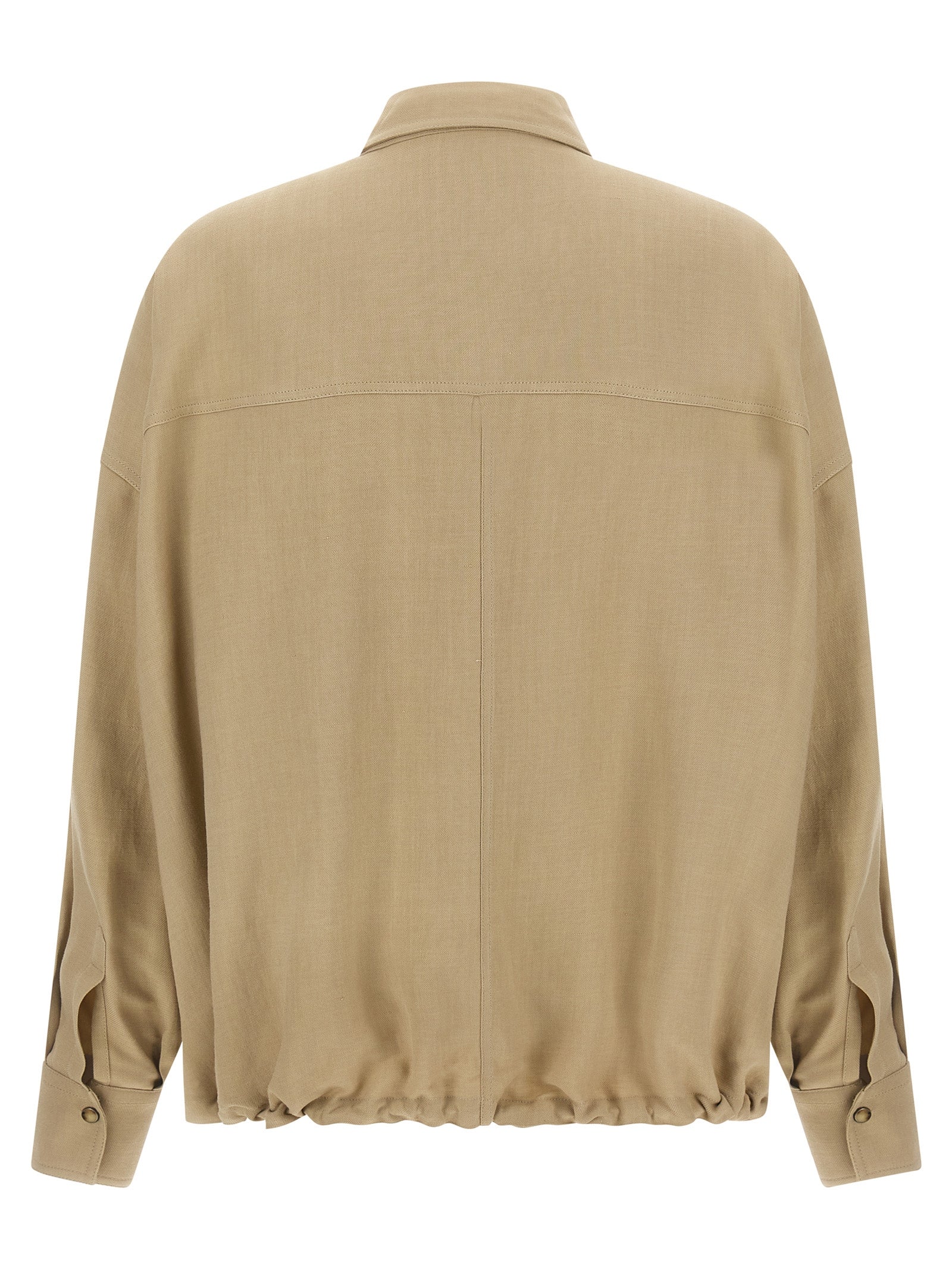 Brunello Cucinelli Beige Viscose Linen Fluid Shirt Snap Button Dropped Shoulder