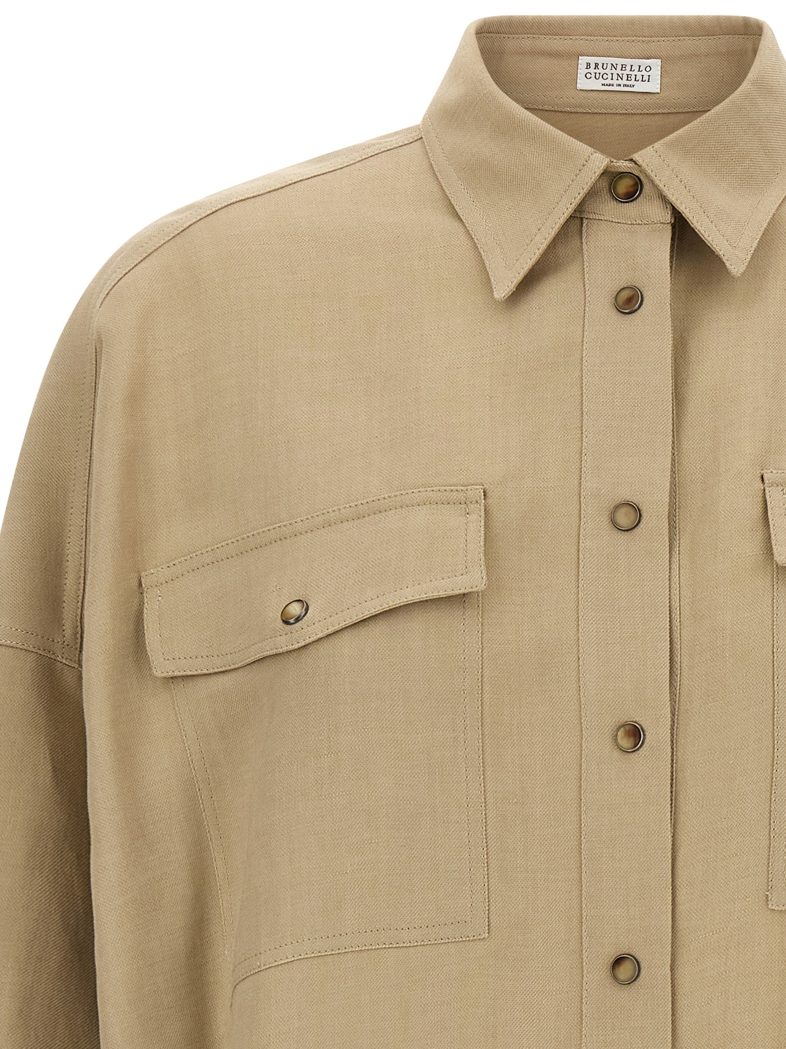 Brunello Cucinelli Beige Viscose Linen Fluid Shirt Snap Button Dropped Shoulder