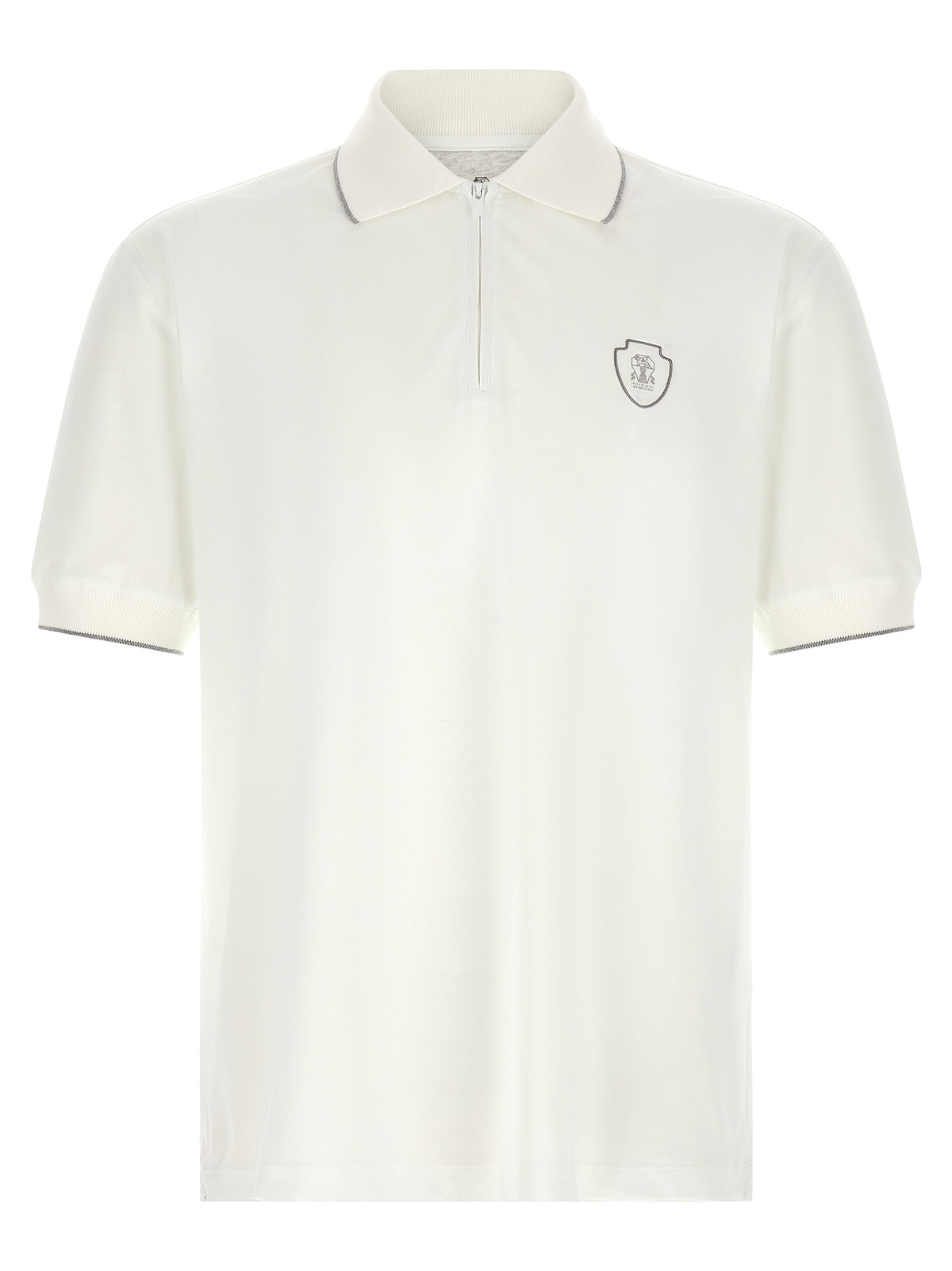 Brunello Cucinelli Techno Piqué Tennis Logo Half-Zip Polo Shirt in White | Made in Italy