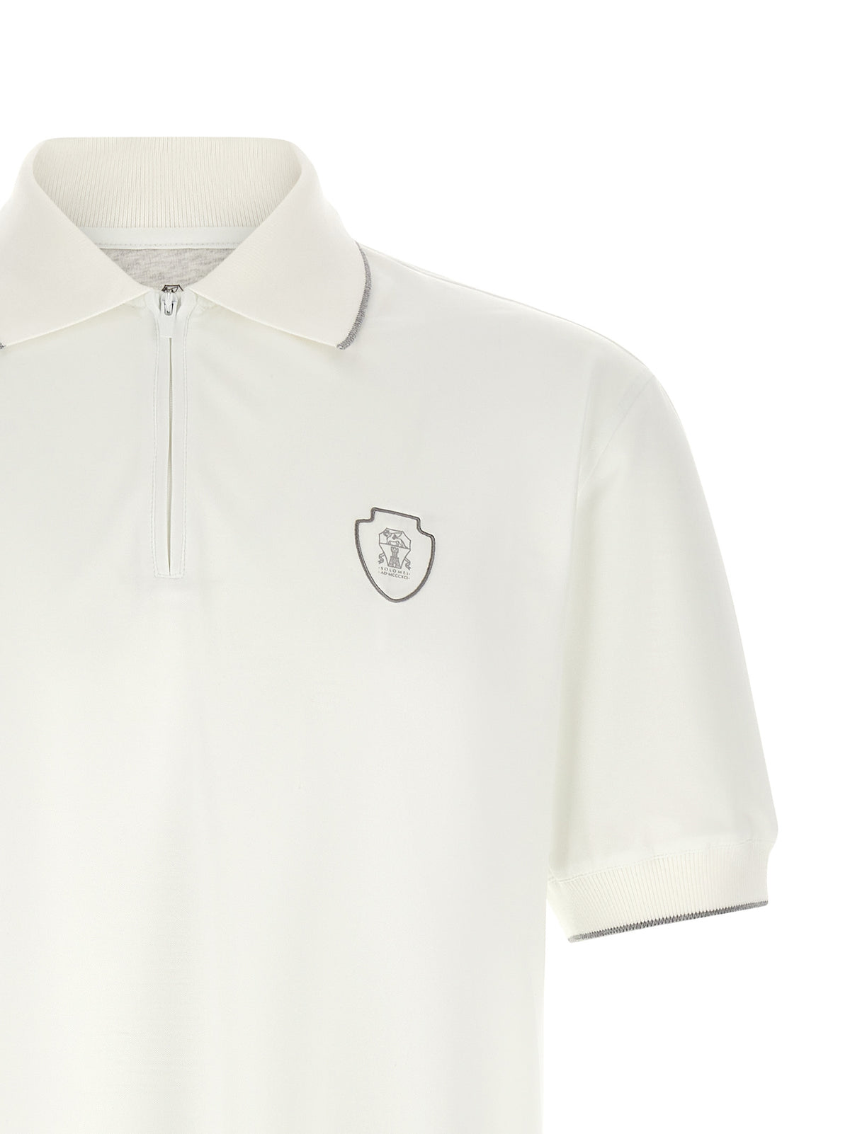 Brunello Cucinelli Techno Piqué Tennis Logo Half-Zip Polo Shirt in White | Made in Italy