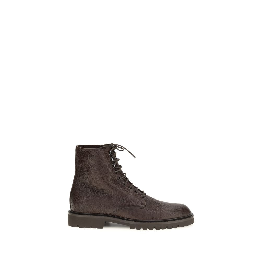 Brunello Cucinelli Brown Hammered Calfskin Lace-Up Ankle Boots Lug Sole AW26