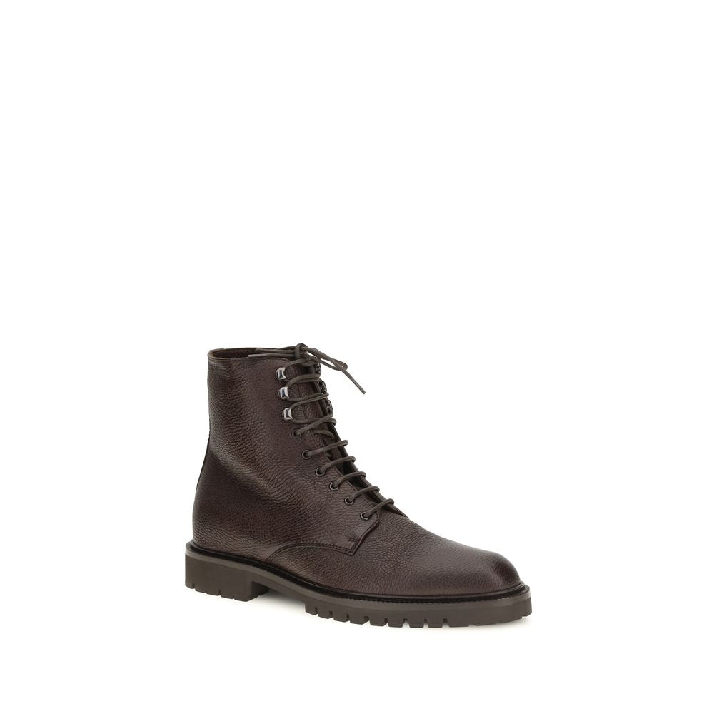 Brunello Cucinelli Brown Hammered Calfskin Lace-Up Ankle Boots Lug Sole AW26