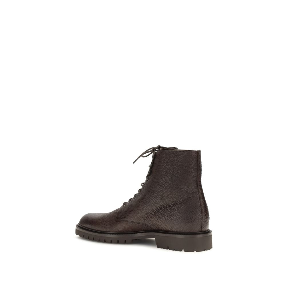 Brunello Cucinelli Brown Hammered Calfskin Lace-Up Ankle Boots Lug Sole AW26