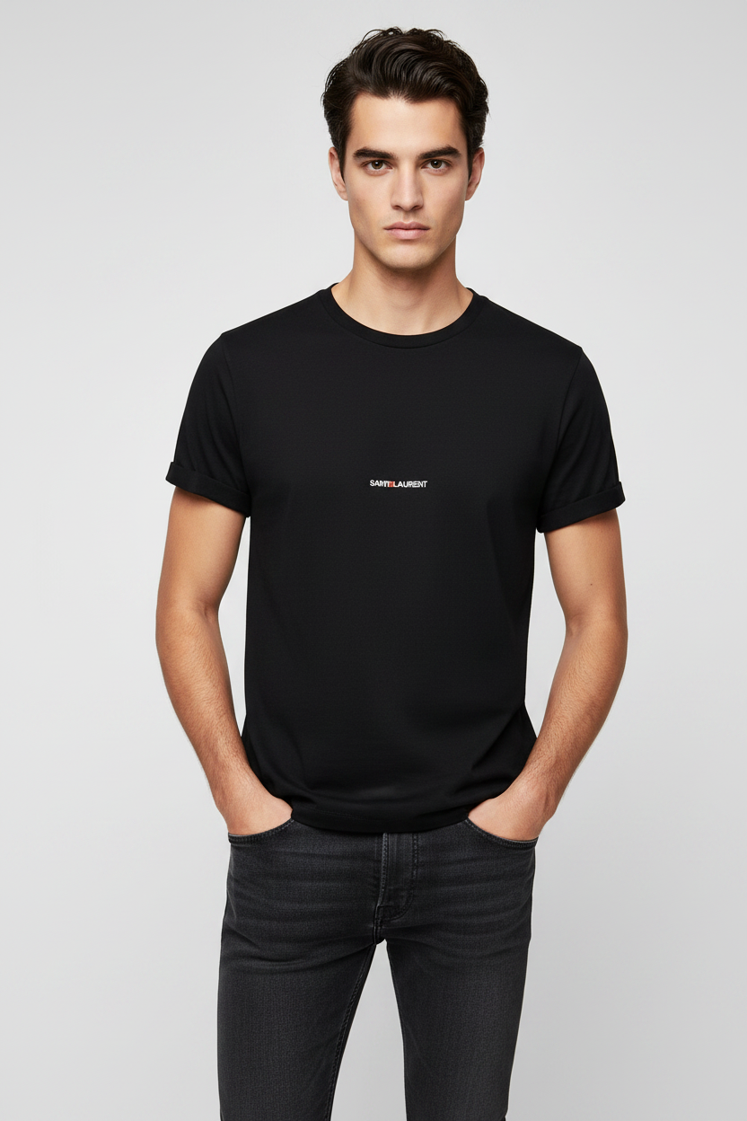 Saint Laurent Rive Gauche Logo Cotton T-Shirt in Black