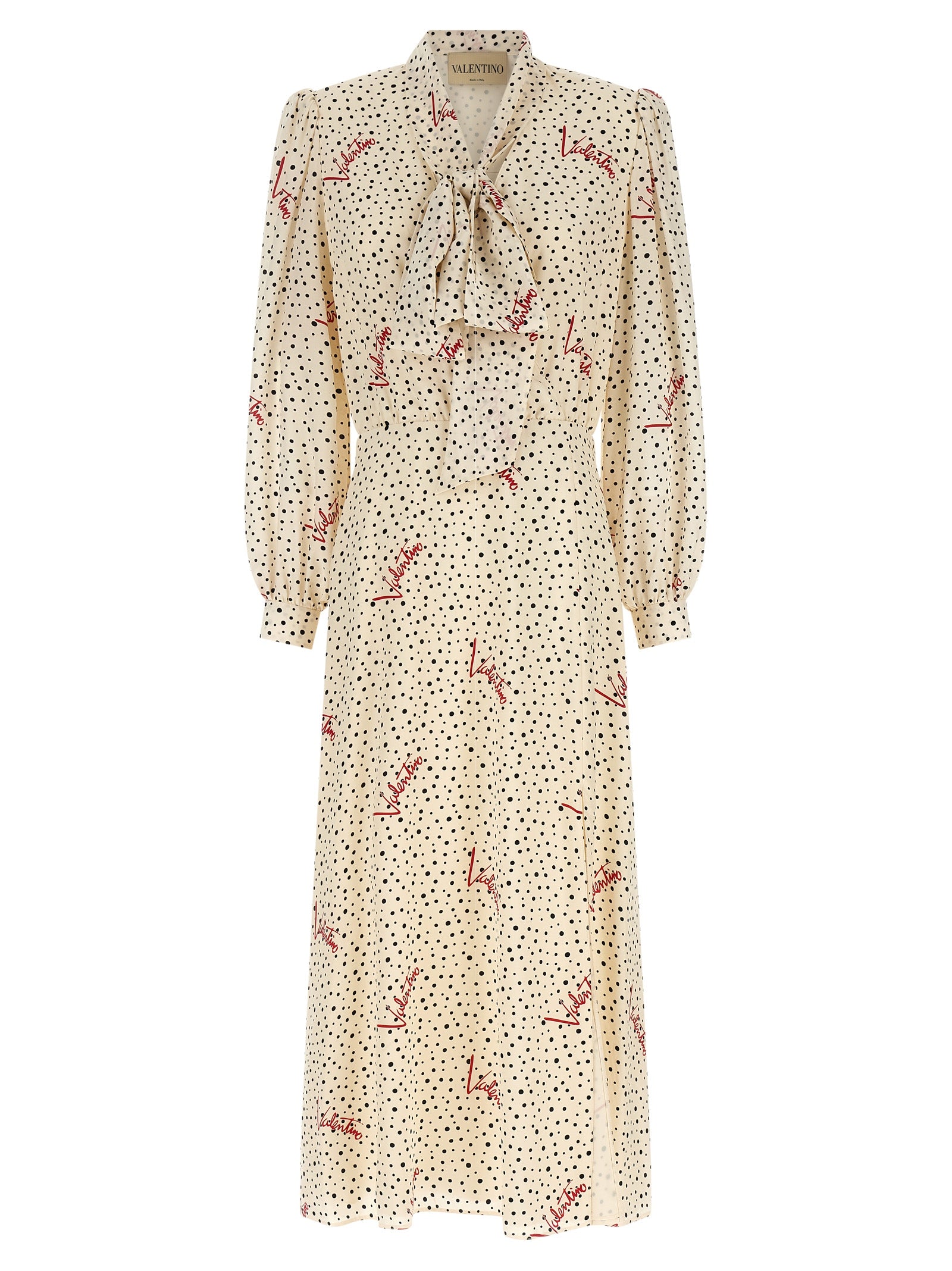 Valentino Garavani 'Bollicine Plusdepois' Ivory Polka Dot Silk Midi Dress with Bow-Tie Collar