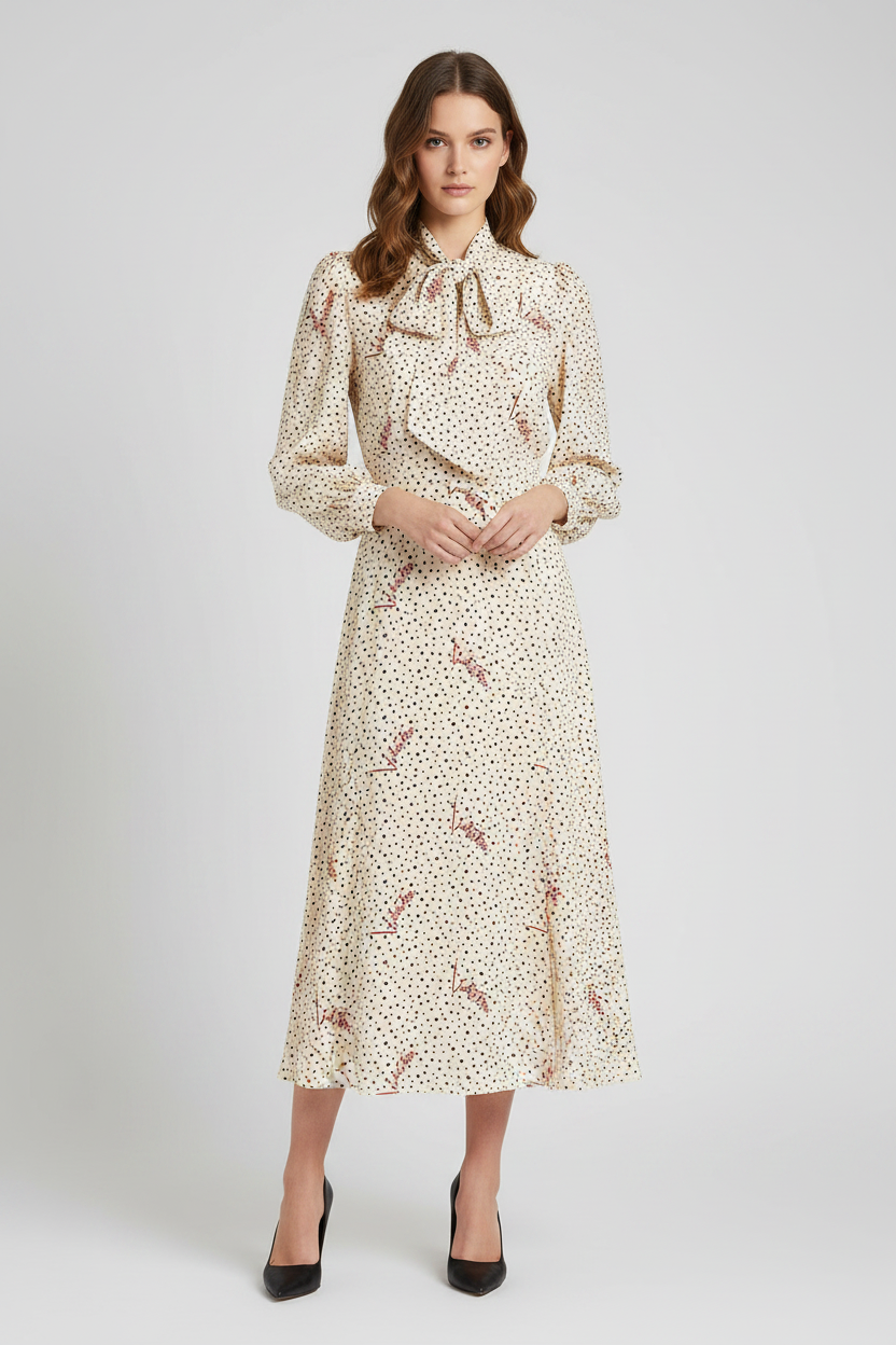 Valentino Garavani 'Bollicine Plusdepois' Ivory Polka Dot Silk Midi Dress with Bow-Tie Collar
