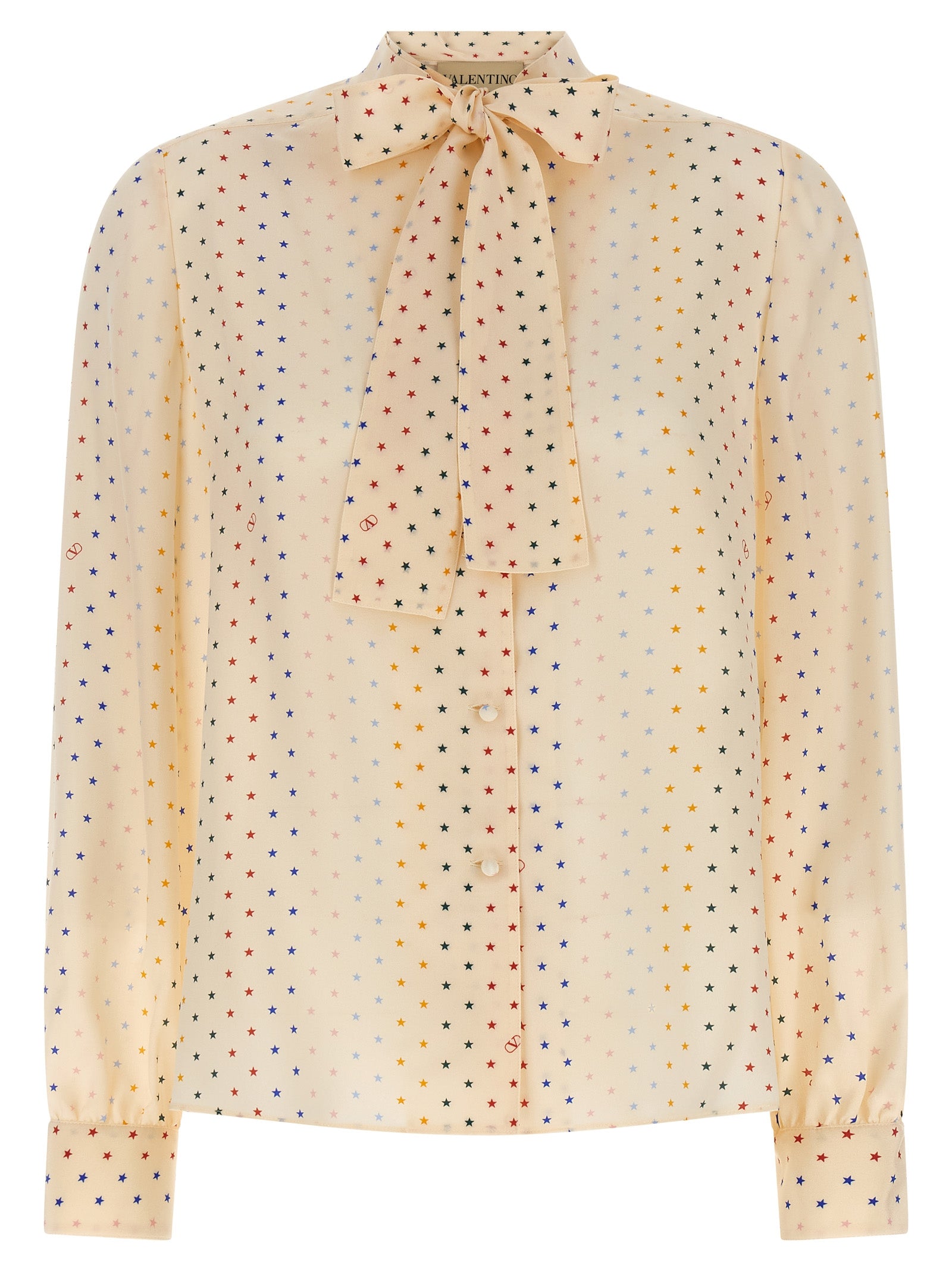 Valentino Garavani 'Stelline Multicolor' Pink Starry Print Silk Blouse with Lavallière Collar