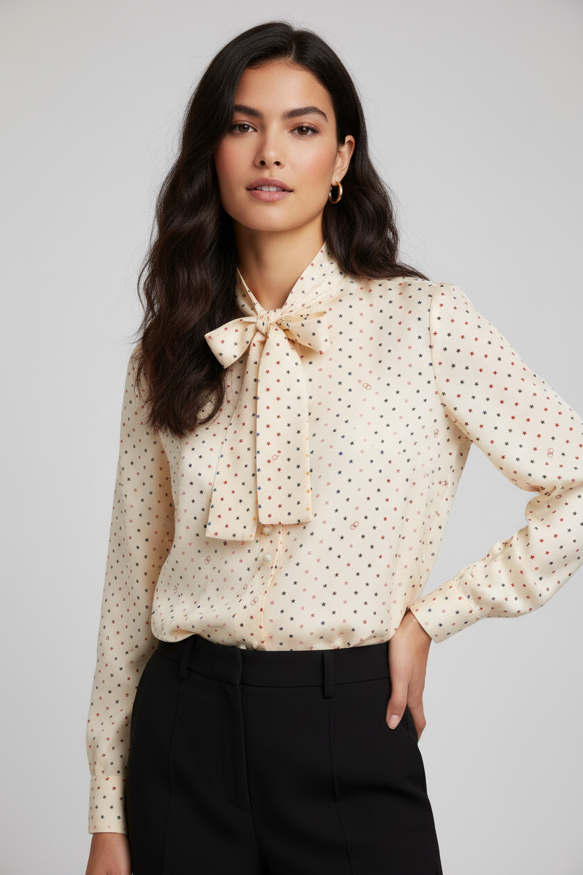Valentino Garavani 'Stelline Multicolor' Pink Starry Print Silk Blouse with Lavallière Collar