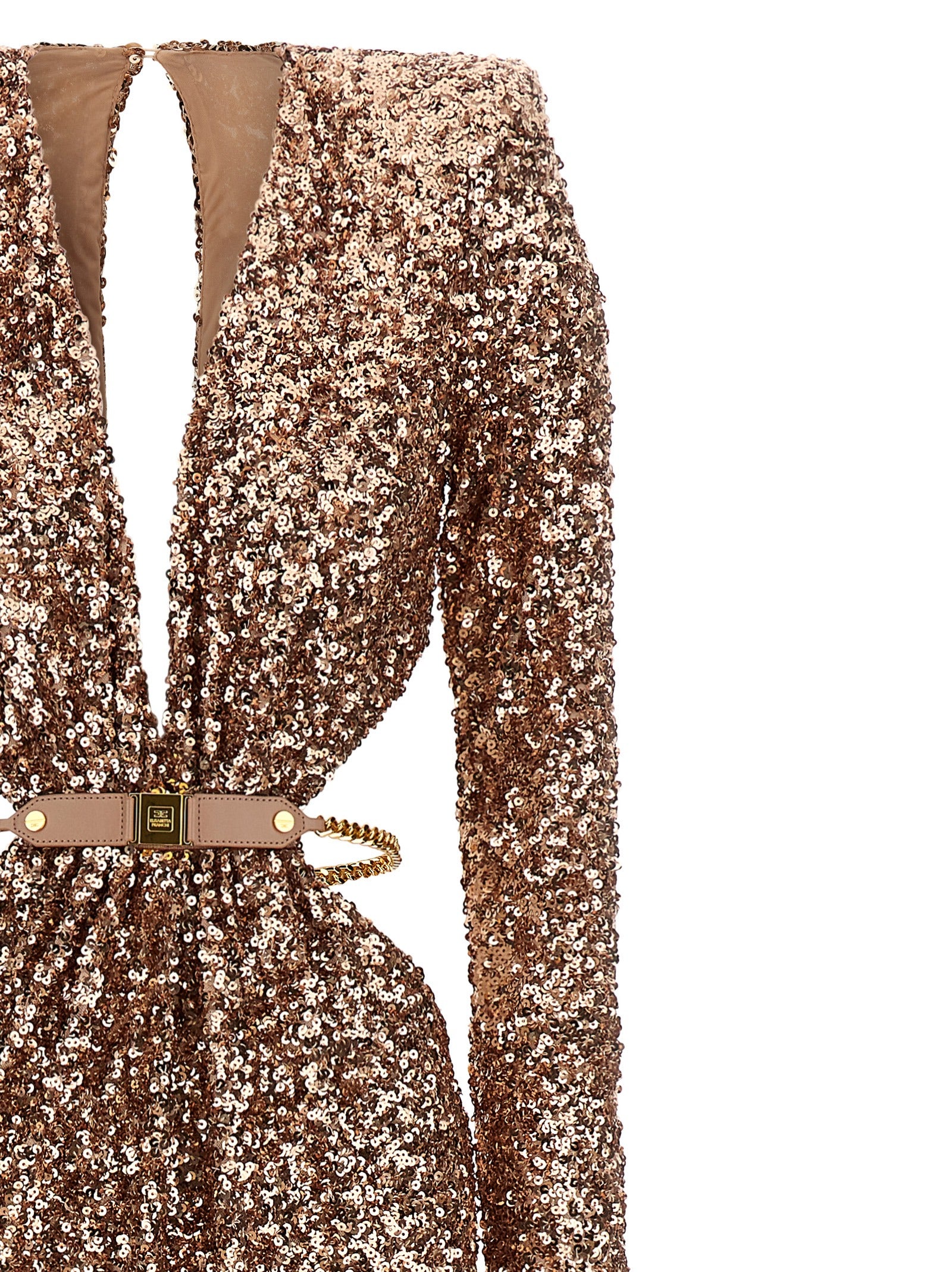 Elisabetta Franchi Pink Sequined Red Carpet Long Dress with Jewel Chain Belt & Side Cut-Outs