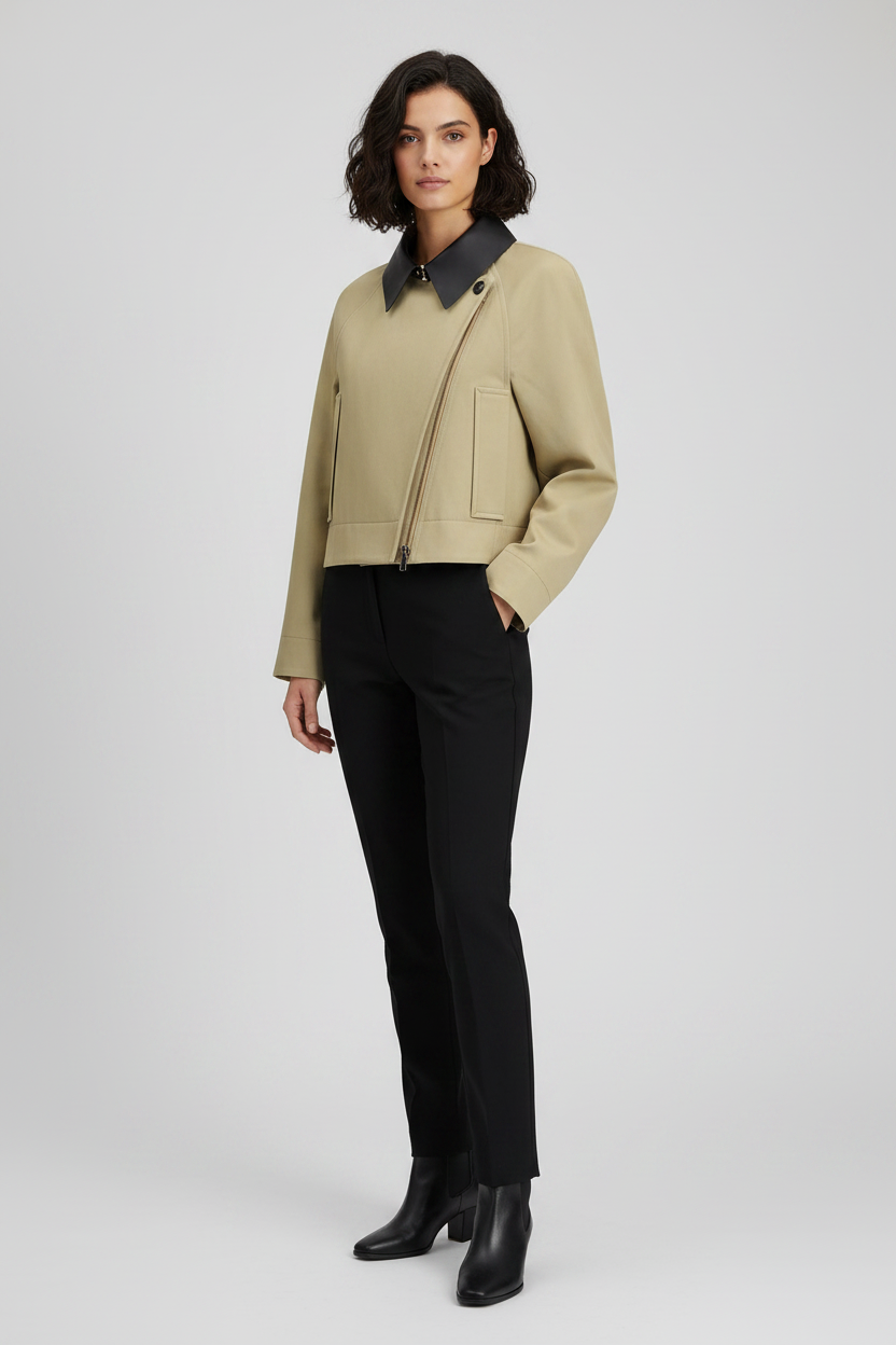 Givenchy Beige Cotton Wool Cropped Caban Leather Collar Jacket AW26