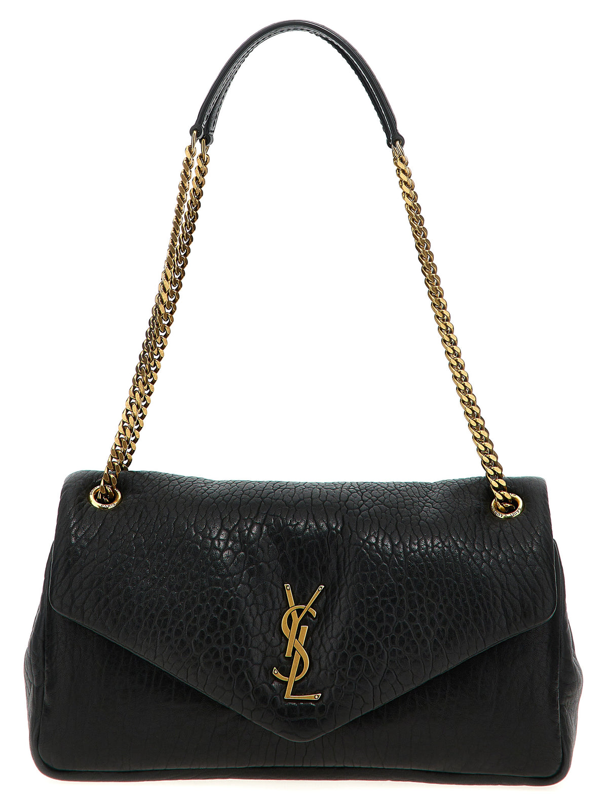 Saint Laurent Calypso Quilted Hammered Leather Shoulder Bag in Black | Made in Italy