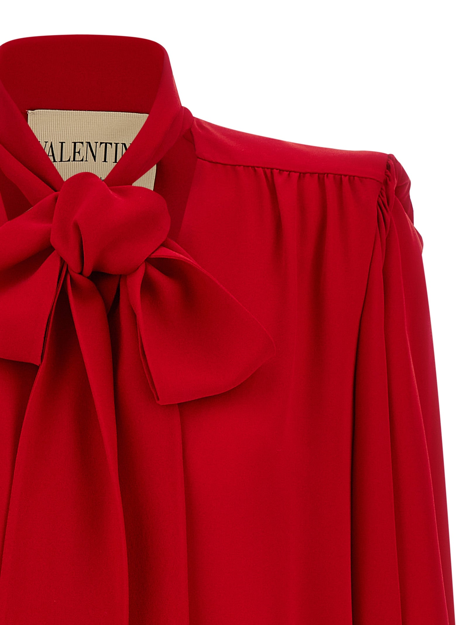 Valentino Garavani Red Silk Crepe de Chine Bow Blouse Statement Collar Curled Shoulders Women