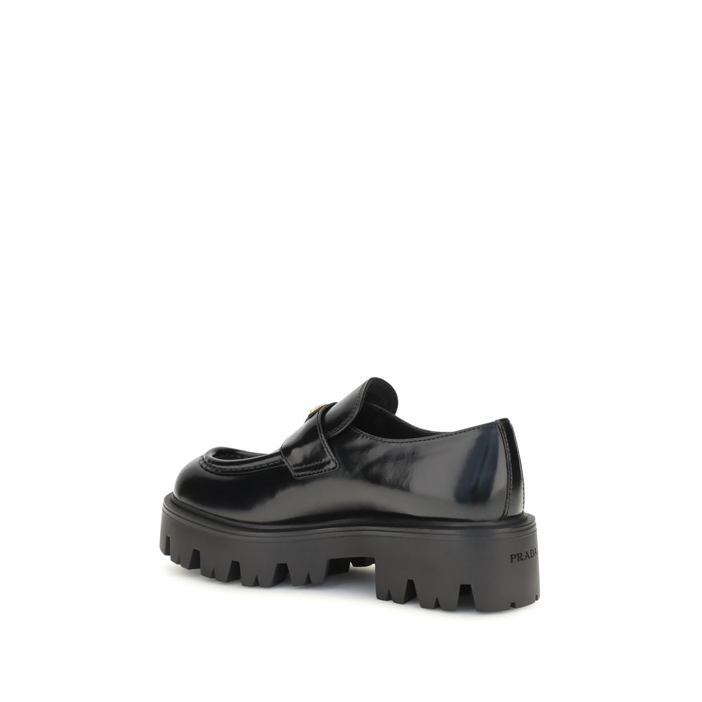 Prada Black Brushed Calfskin Slip-On Loafers Triangle Logo AW26