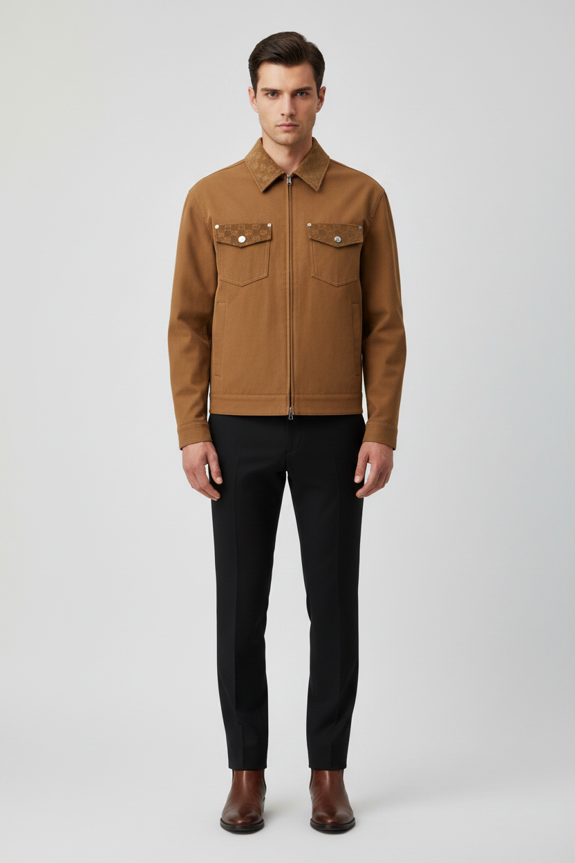 Gucci Brown Cotton Canvas Full-Length Jacket GG Tonal Corduroy Details Shirt Collar Front Zip Men