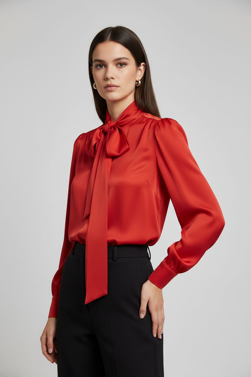 Valentino Garavani Red Silk Georgette Blouse with Balloon Sleeves & Pussy-Bow Tie